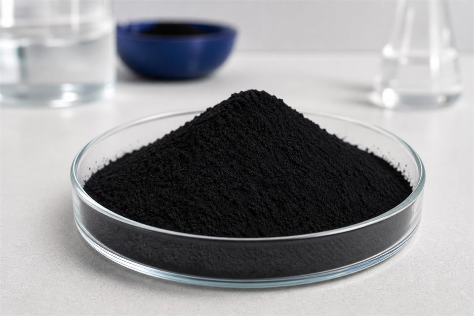 Carbon black pigment powder in a laboratory dish