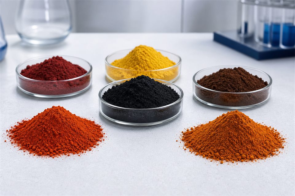 Iron oxide pigment powders in red, yellow, black, brown and orange colors