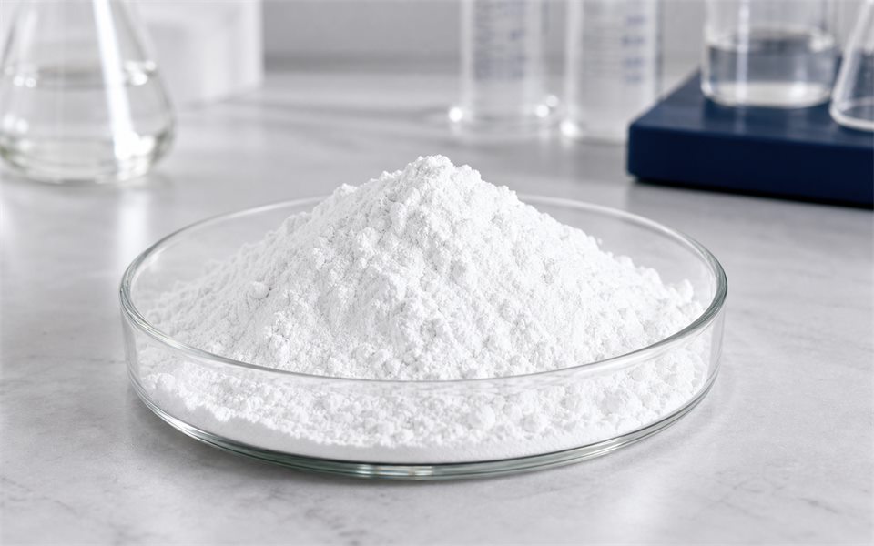 Titanium dioxide white pigment powder in a laboratory dish
